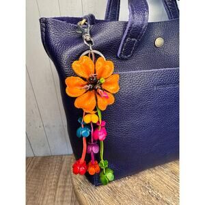 Orange Daisy Flower Leather Bag Charm Genuine Leather Purse Charm Flowers